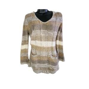 Rue21 L Knitted Bold Brown Stripe Long Sleeve V Neck Pocket Pullover Sweater